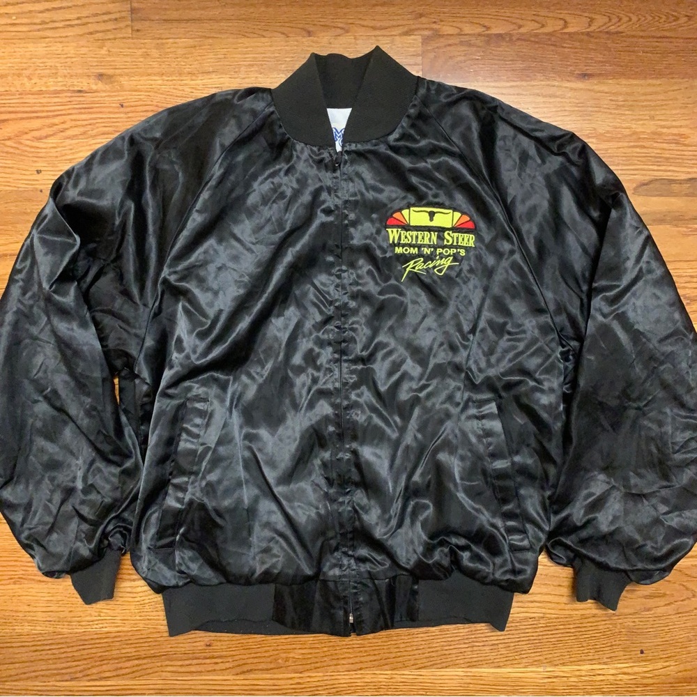 Vtg Western Steer Racing Nascar Jacket Mom N Pops Satin Lined Made USA Dale Sz L